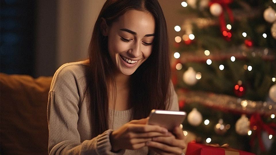 Woman using phone at home with holiday tree in background