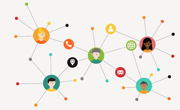 Colorful illustration visualizing the Ekata Identity Network with a series of data point circles, users, location, email and phone data icons